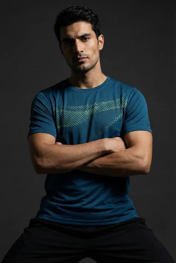 AI-generated apparel model sample: studio training top